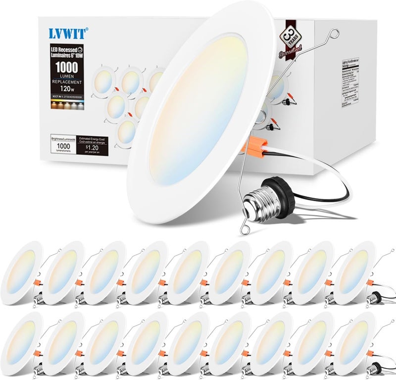 LVWIT 6 inch LED Recessed Lighting, Slim Can Lights with White Cover, 5CCT Color Selectable, Dimmable Downlight with E26 Conversion Kit, 18 Pack - Image 1